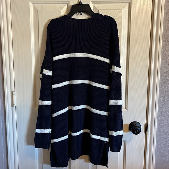 Long Navy Blue and White Striped Cardigan Sweater - Picture 3 of 4